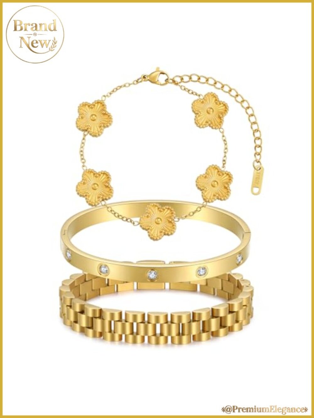 Women's 3 Pc Bangle Set Stackable Bracelets 18K Gold Plated Four Leaf Clover